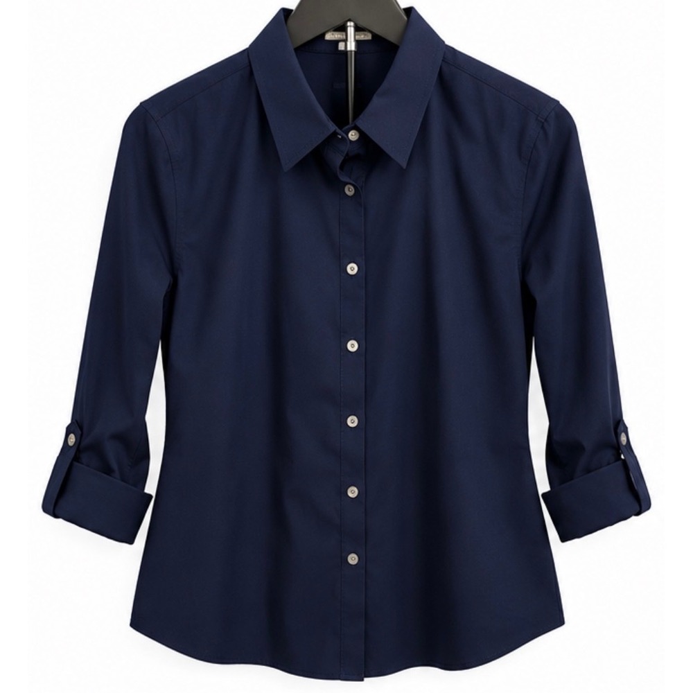 Talbots Petites Navy Blue Wrinkle Resistant Roll Tab Button Down Shirt 10P